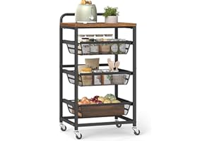 VASAGLE Storage Cart with Pull-Out Baskets, 4-Tier Kitchen Cart with Wheels, Handle, 12.5 x 15.8 x 29.9 Inches, Rustic Brown 