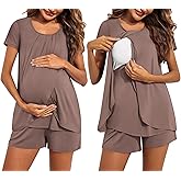 Ekouaer Women's Maternity Nursing Pajamas Set Breastfeeding Sleepwear Double Layer Short Sleeve Top & Shorts Nursing Pjs