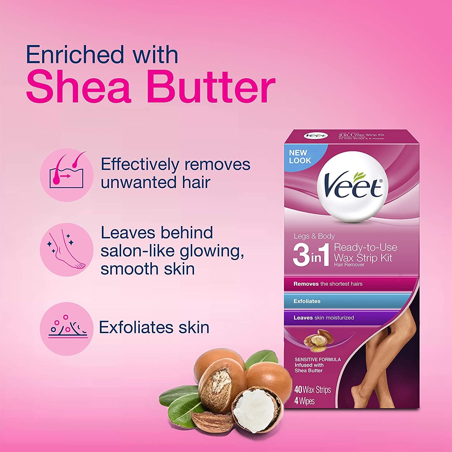 Veet Leg and Body Hair Remover Cold Wax Strips, 40 ct (Pack of 2)