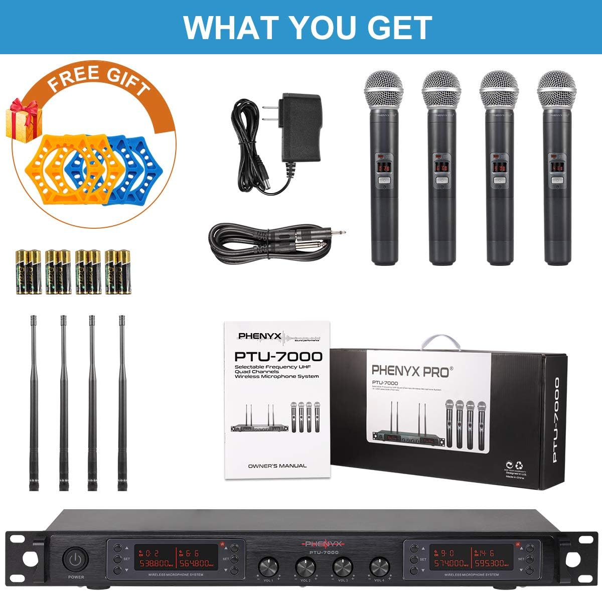 Wireless Microphone System, Phenyx Pro Quad Channel Cordless Mic Set with Metal Handheld Mics, 4x40 Channels, Auto Scan, Long Distance 328ft, Ideal for DJ, Church, Outdoor Events (PTU-7000A)