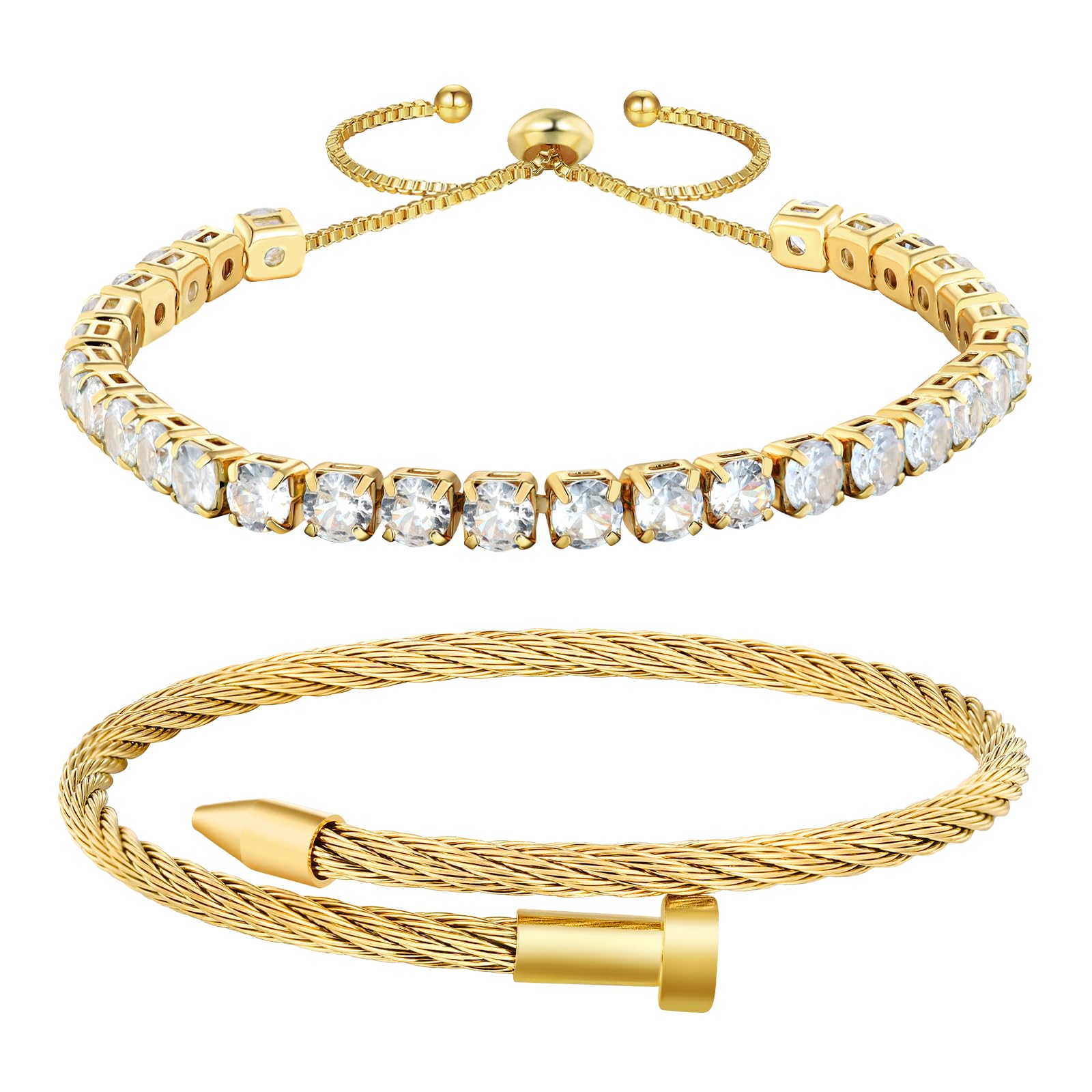 LCTrusttmor Gahna 18K Gold Plated Bangle Bracelet for Women, Non-Tarnish Stackable Nail Hand Chain Set, Dainty Adjustable Tennis Cubic Zirconia Bracelets for Women, Trendy Jewelry Mother's Day Birthday Gifts for Lover Mom Her