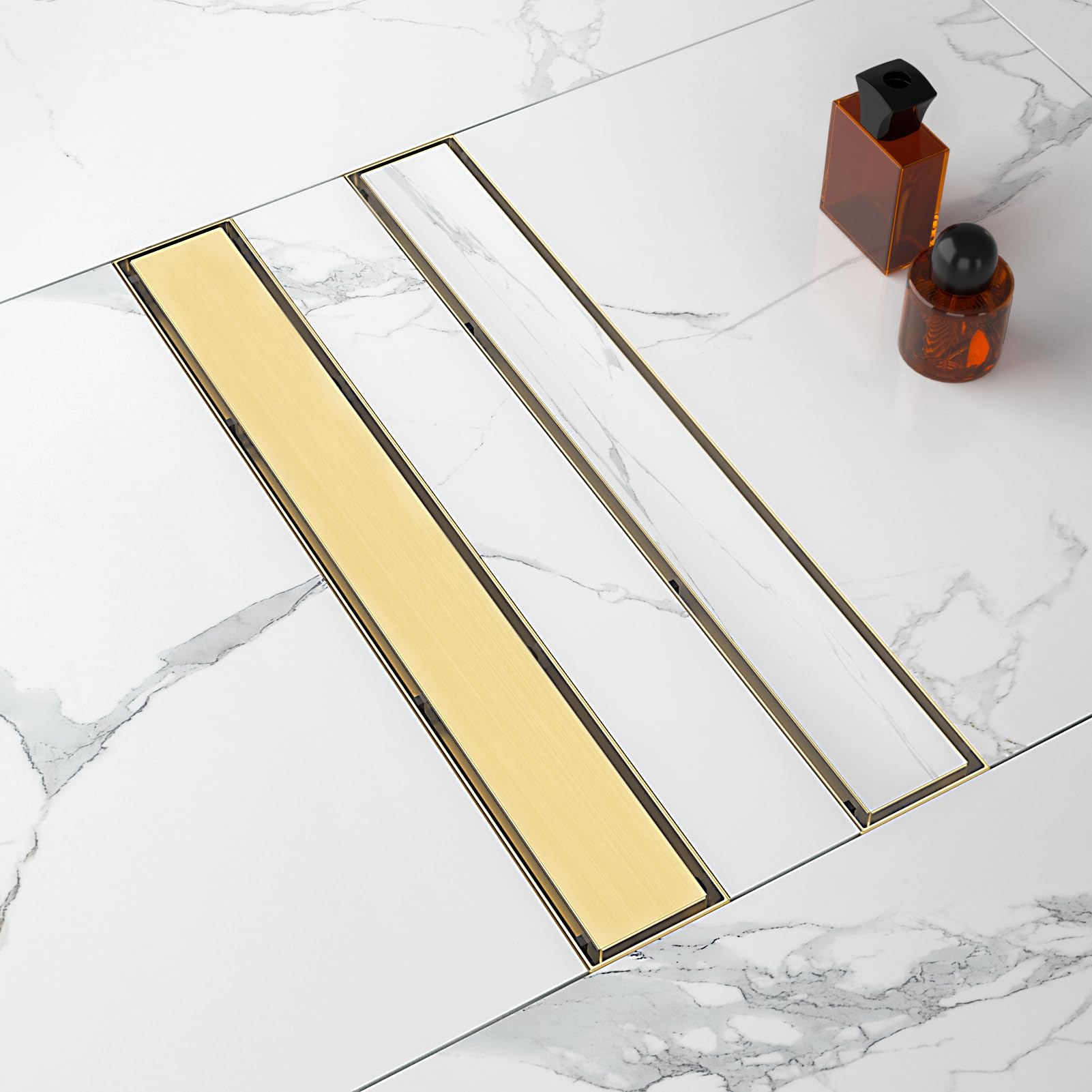 Photo 1 of 24-Inch Linear Shower Drain with Tile Insert Grate, SUS 304 Stainless Steel Linear Drain, Brushed Gold Long Rectangle Shower Floor Drain with Leveling Feet, Hair Strainer, Fits Bathroom