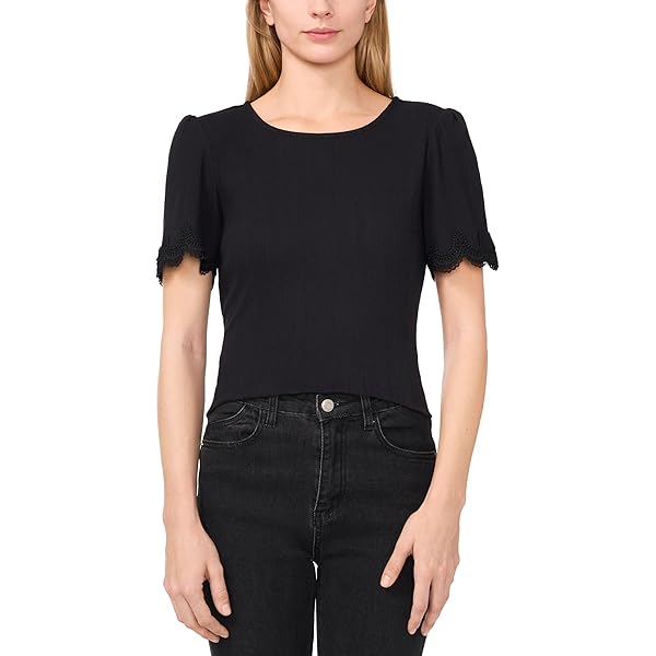 CeCe Women Puff Elbow Sleeve Round Neck Fitted Top Rich Black XL