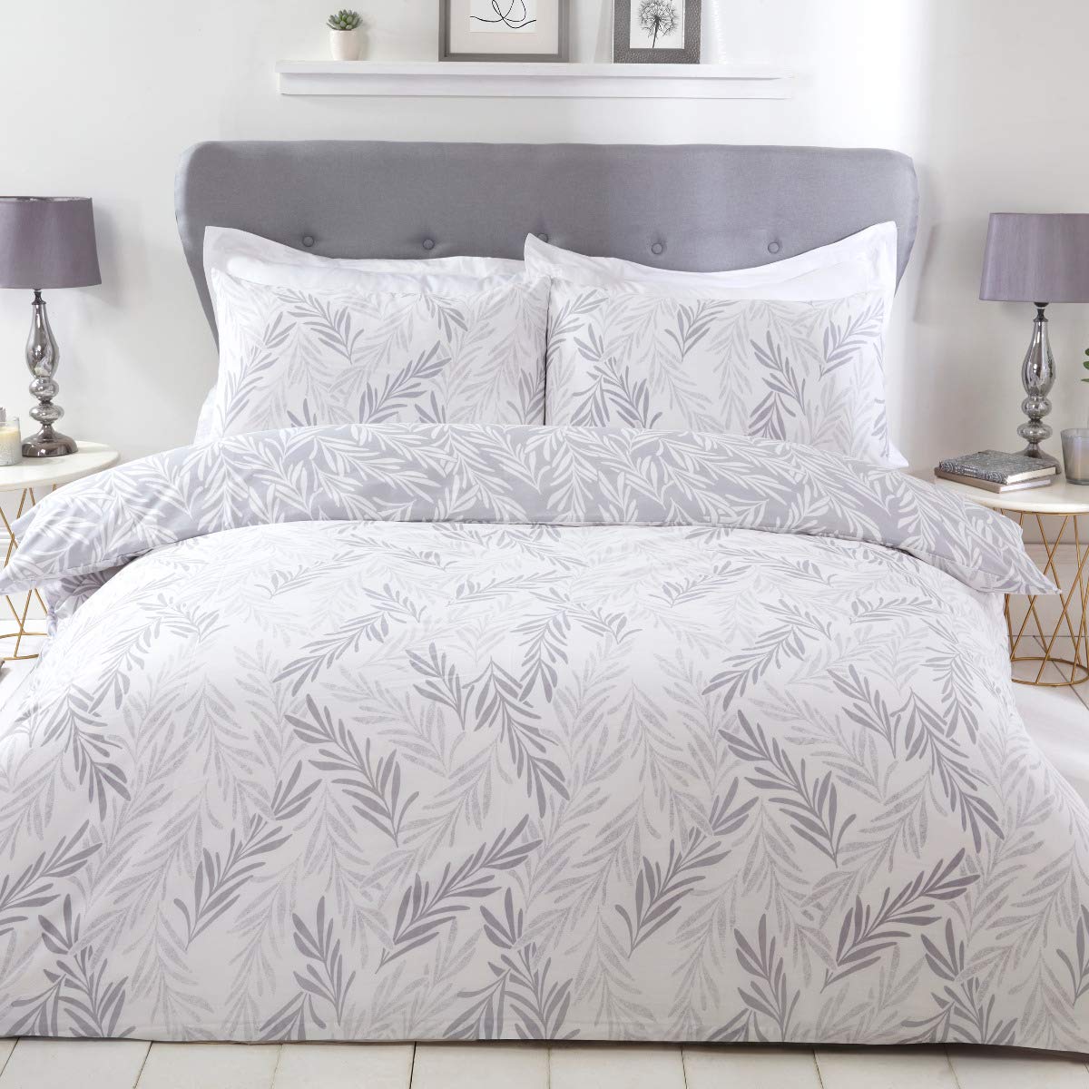 Sleepdown Trailing Leaf Floral Grey White Reversible Soft Easy Care Poly Cotton Duvet Cover Quilt Bedding Set with Pillowcases - Double (200cm x 200cm)