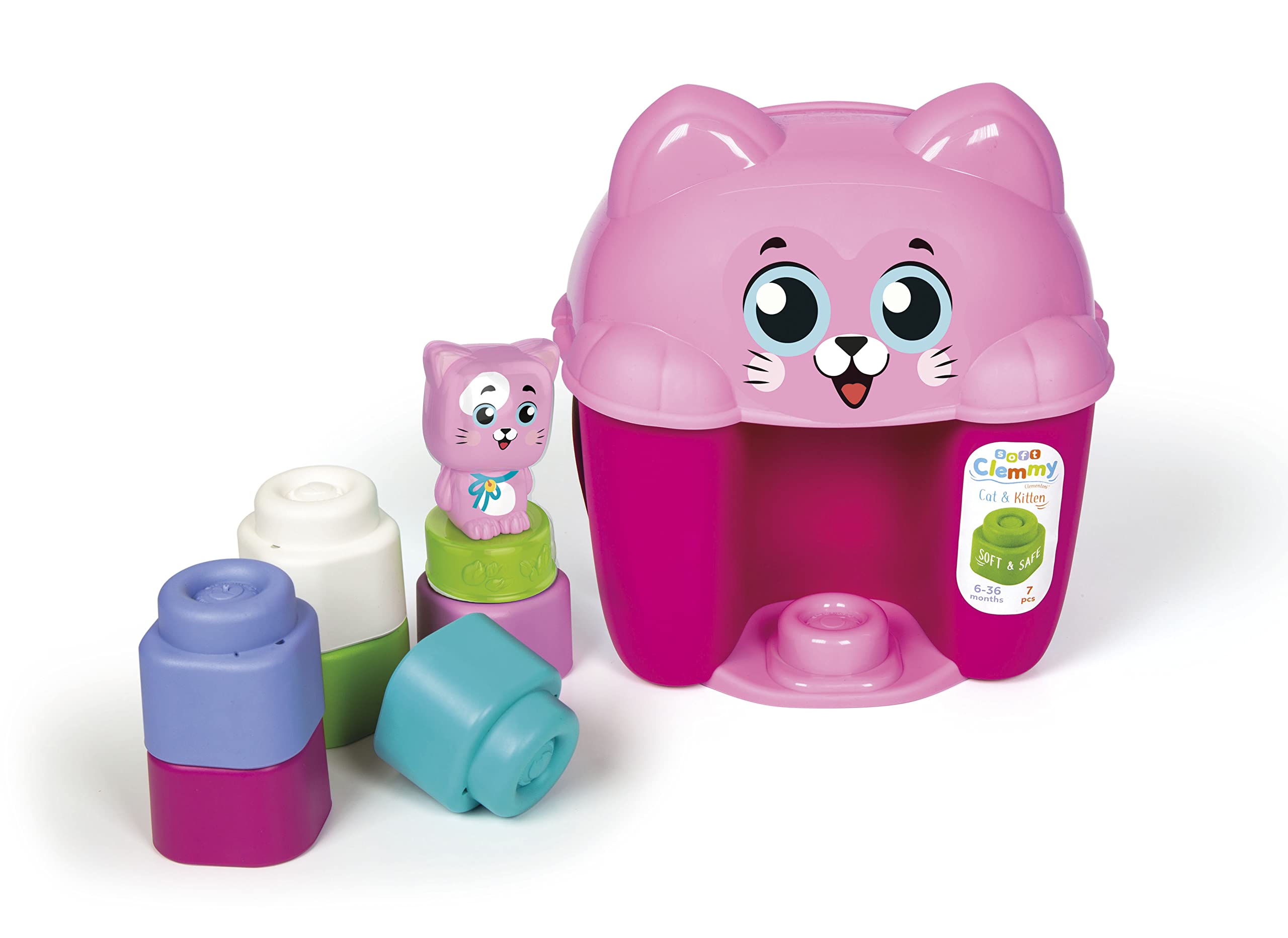 Clementoni 17768 Cat & Kitty Bucket-Soft, Clemmy Blocks for 6 Months, Building Bricks Washable, Construction Kids, Early Development & Activity Toys, Made in Italy, Multi-Coloured