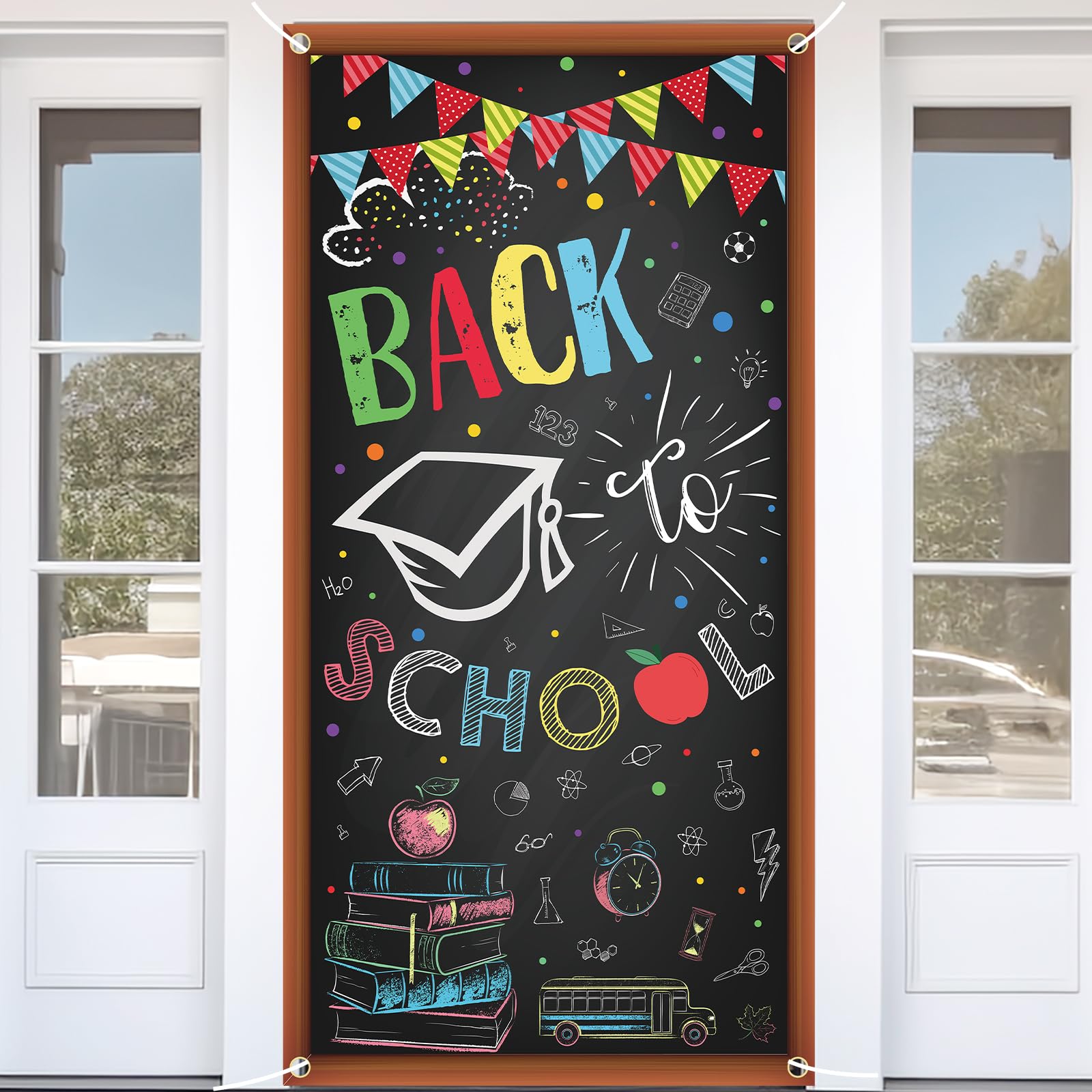 Photo 1 of 71 x 35 Inches Back to School Door Cover Banner for Classroom Wall or Front Door, Large First Day of School Hanging Decoration, Chalkboard Style Welcome Poster for Teachers Students Indoor Outdoor