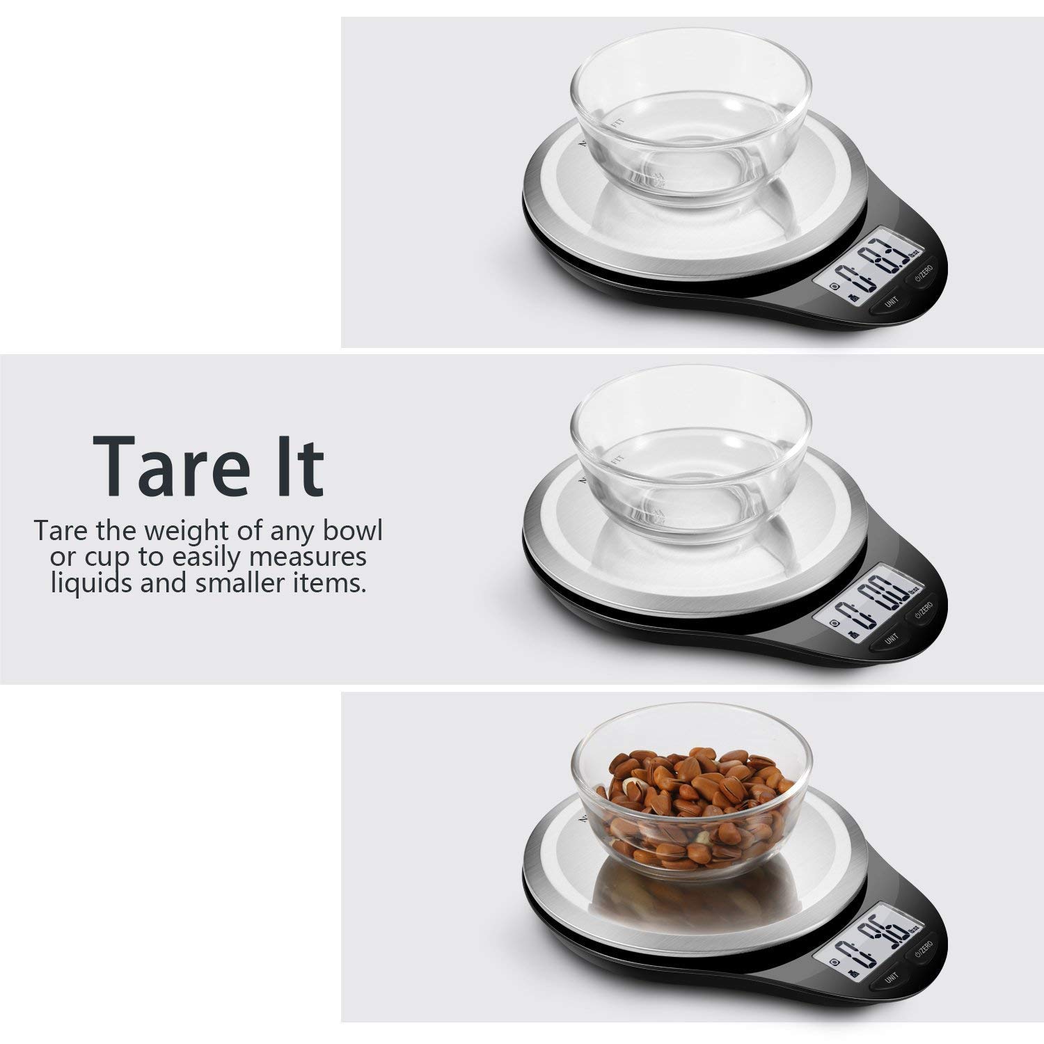 Food Scale, NUTRI FIT Digital Kitchen Scale Weight Grams and Ounces for Weight Loss, Accurate Cooking Baking Scale LCD Display Max 11lb 1g Increment with Wide Stainless Steel Platfrom, Black