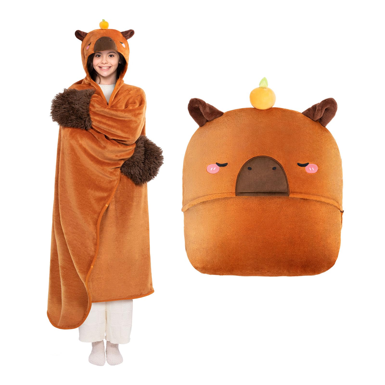 Mewaii Oversized Wearable Blanket Hoodie– Kawaii Capybara Hooded Cloak,Soft Plush Flannel Blanket Hoodie,Unisex Cozy Blanket for Kids Women Men,Great Gift for Christmas&Birthdays (51.2"x62.2")