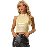 Allegra K Metallic Crop Top for Women's Sleeveless Halloween Sparkly Sequin Tops