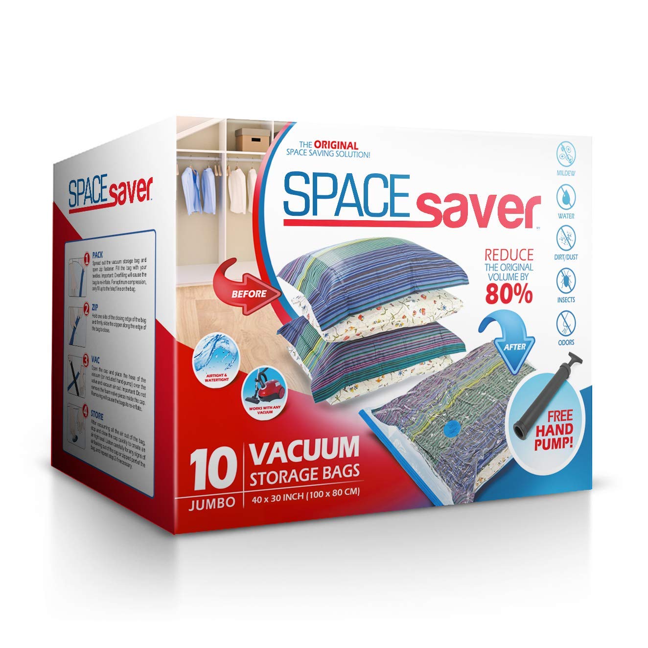 SpaceSaver Vacuum Storage Bags - Jumbo 10-Pack (100x80 cm) with Pump - Space Saving Vacuum Bags for Clothes, Bedding and Linens - Compression Storage Bag for Travel, Home, and Organization