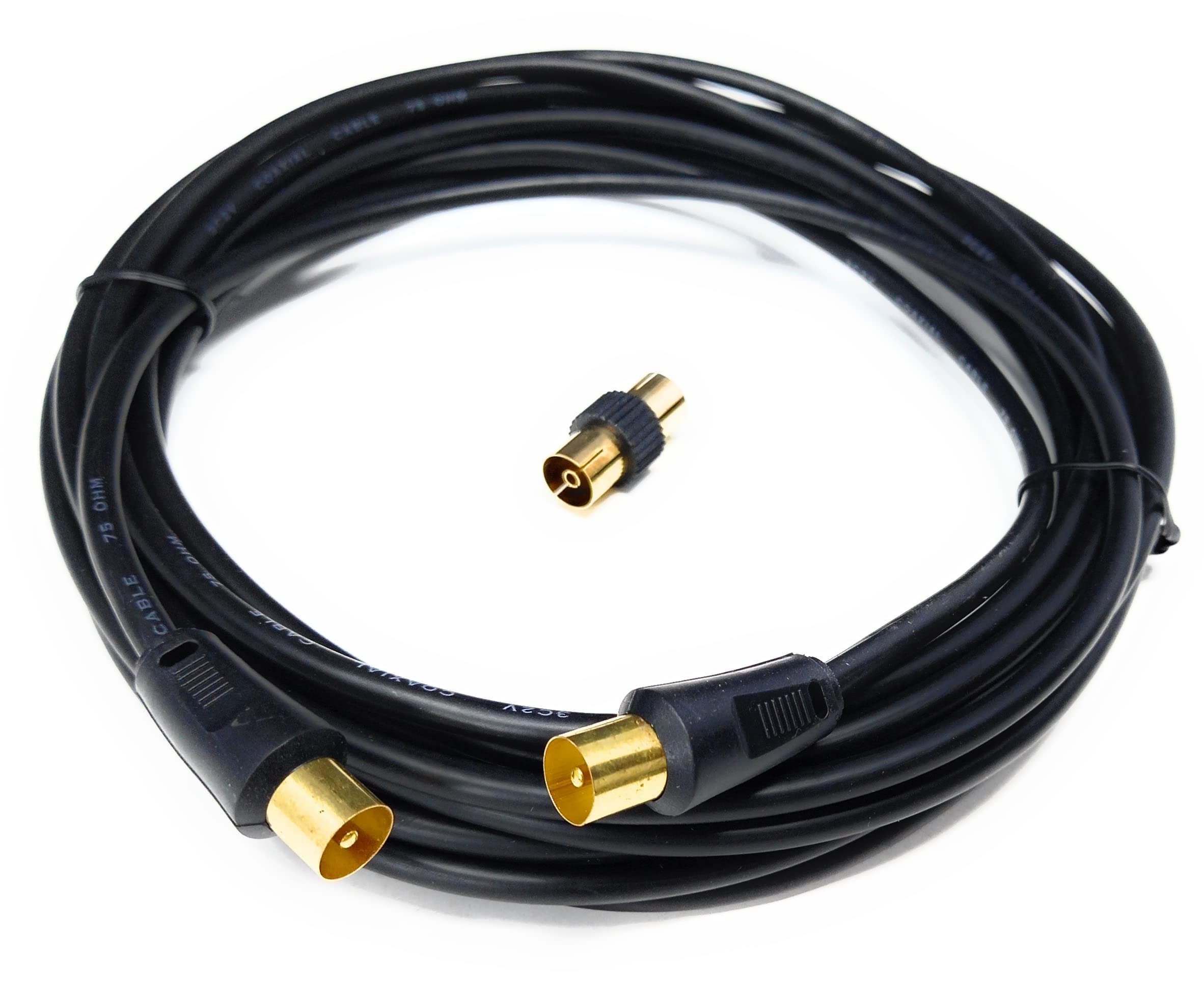 DRUT 5m TV RF Male to Male Aerial Antenna Coaxial Cable With Female to Female Coupler, Gold Connectors 75 ohm, 3C2V 16.5ft Black