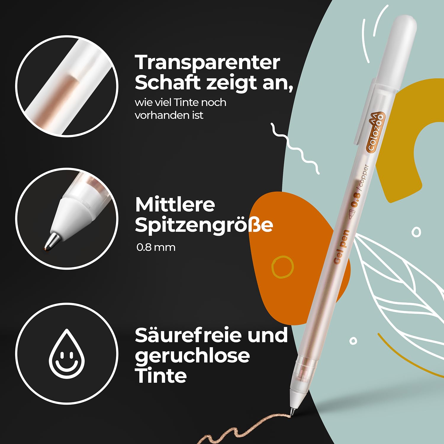 colozoo 4 Metallic Stifte Set 0.8mm Gel Pens | Gelstifte Set - Scrapbook Pen für Schwarzes Papier, Gästebuch Hochzeit Fotoalbum inkl. Gold, Silber, Kupfer & Weiß 2