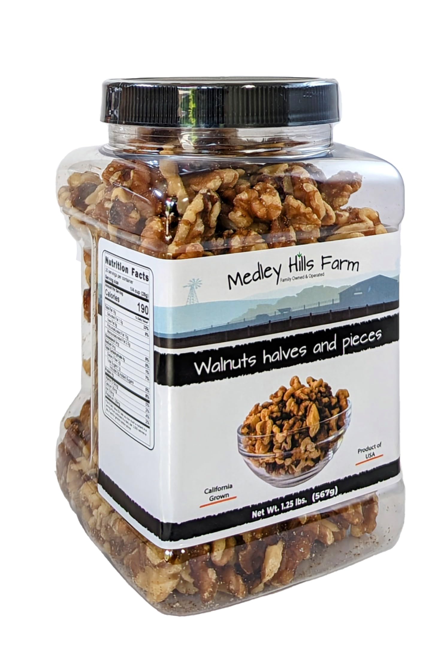 Walnuts halves and pieces By Medley Hills Farm in Reusable Container 1.25 lbs. - Shelled Premium California Walnuts - Raw Walnuts - California Grown - Product of USA