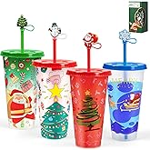 FLOVIEW Christmas Color Changing Cups with Lids, Straws & Cute Straw Caps, 24oz PP Reusable Tumblers for Cold Drinks, 4 Pack Holid Christmas New Year Gift for Kids, Teens & Adults