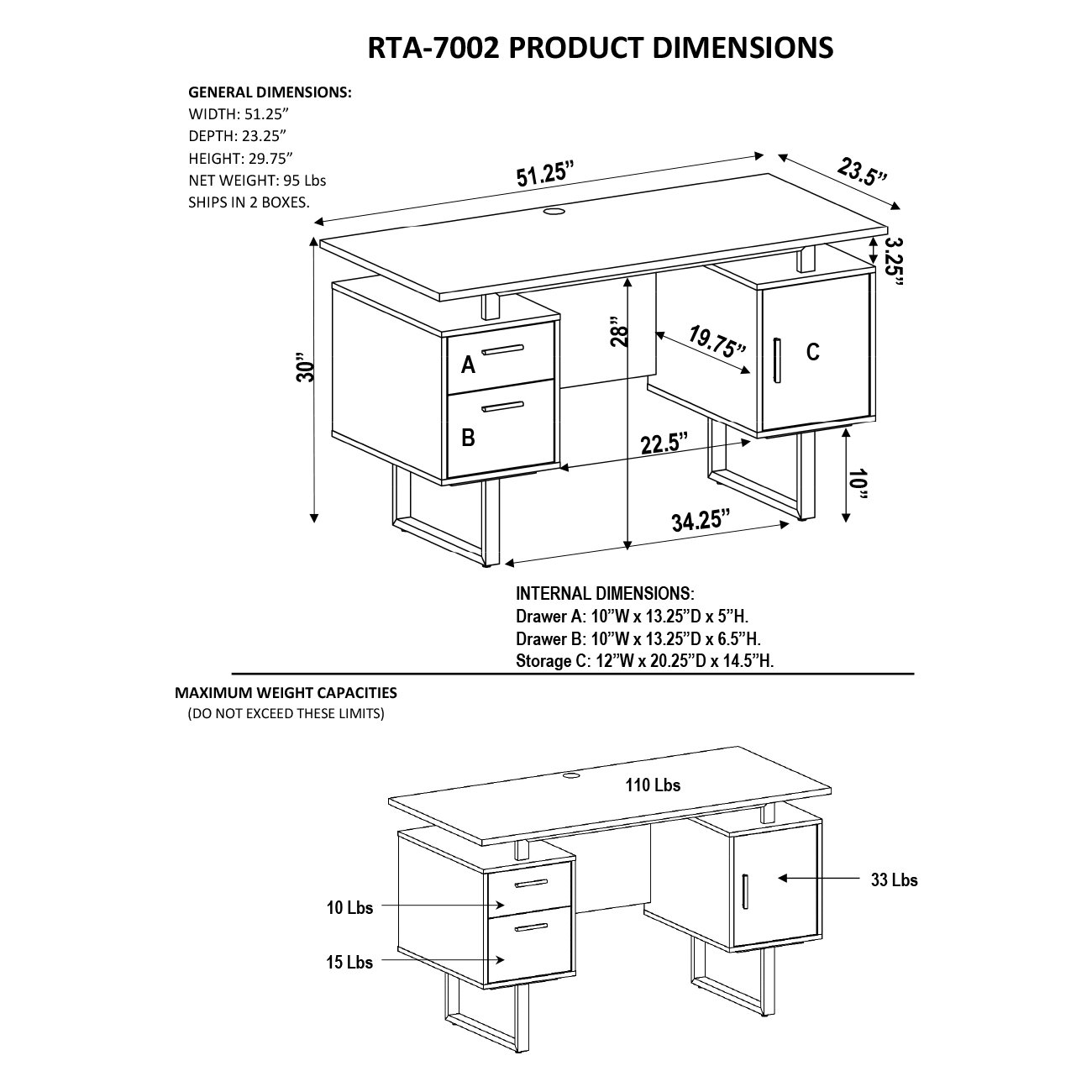 Techni Mobili RTA7002GRY Modern Office Desk with Storage, Gray