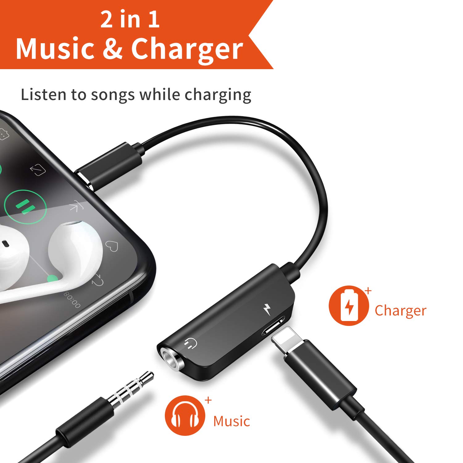 Adaptateur Jack pour iPhone 7, Adaptateur de Casque Aux Jack 3.5 mm Prise de Casque Splitter Compatible iPhone 7/7 Plus/8/8 Plus/XS/XR 2 en 1 Adaptateur pour iOS 12