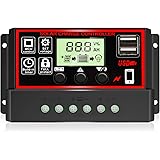 [2021 Upgraded] 30A Solar Charge Controller, Black Solar Panel Battery Intelligent Regulator with Dual USB Port 12V/24V PWM A