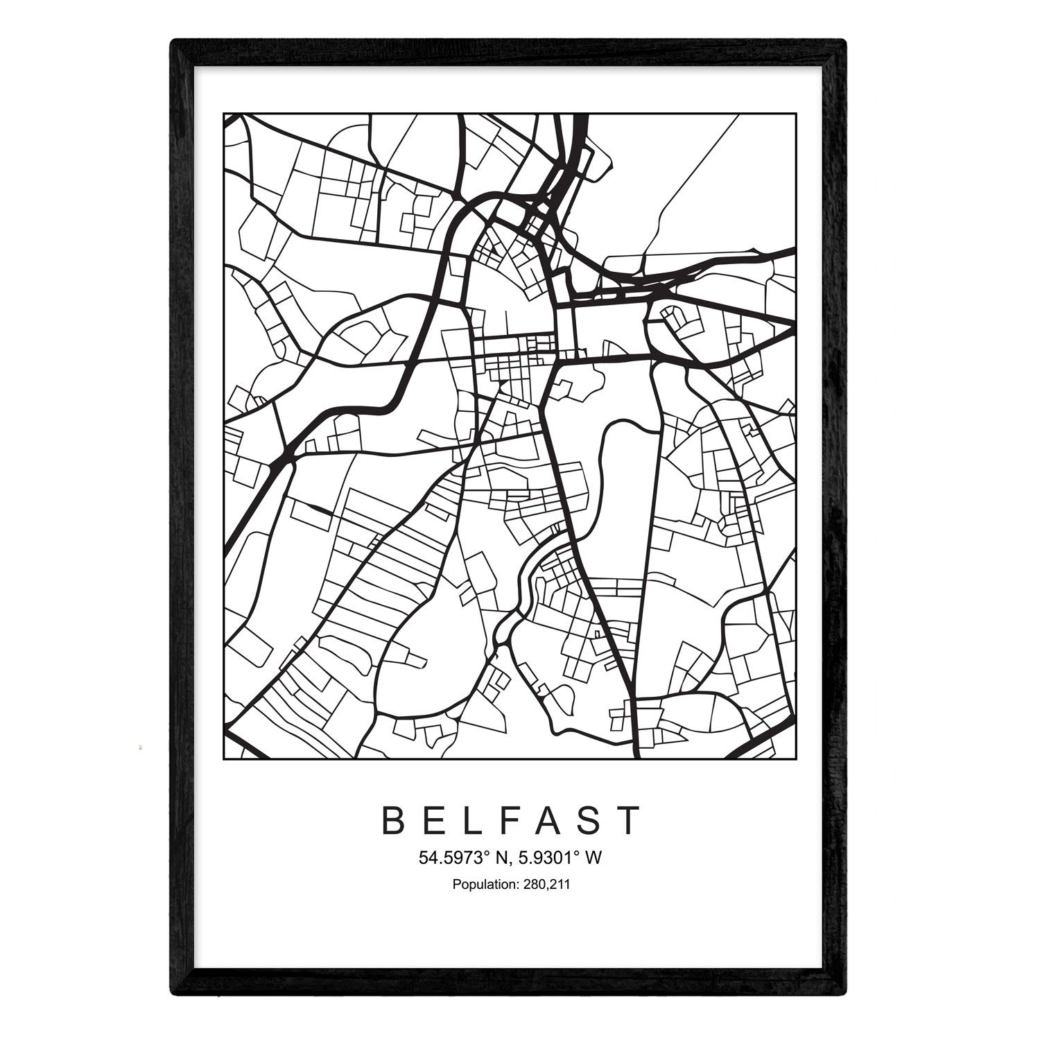Sheet Belfast city map Nordic style black and white. A3 size poster Printed paper No 250 gr. Paintings, prints and posters for living room and bedroom