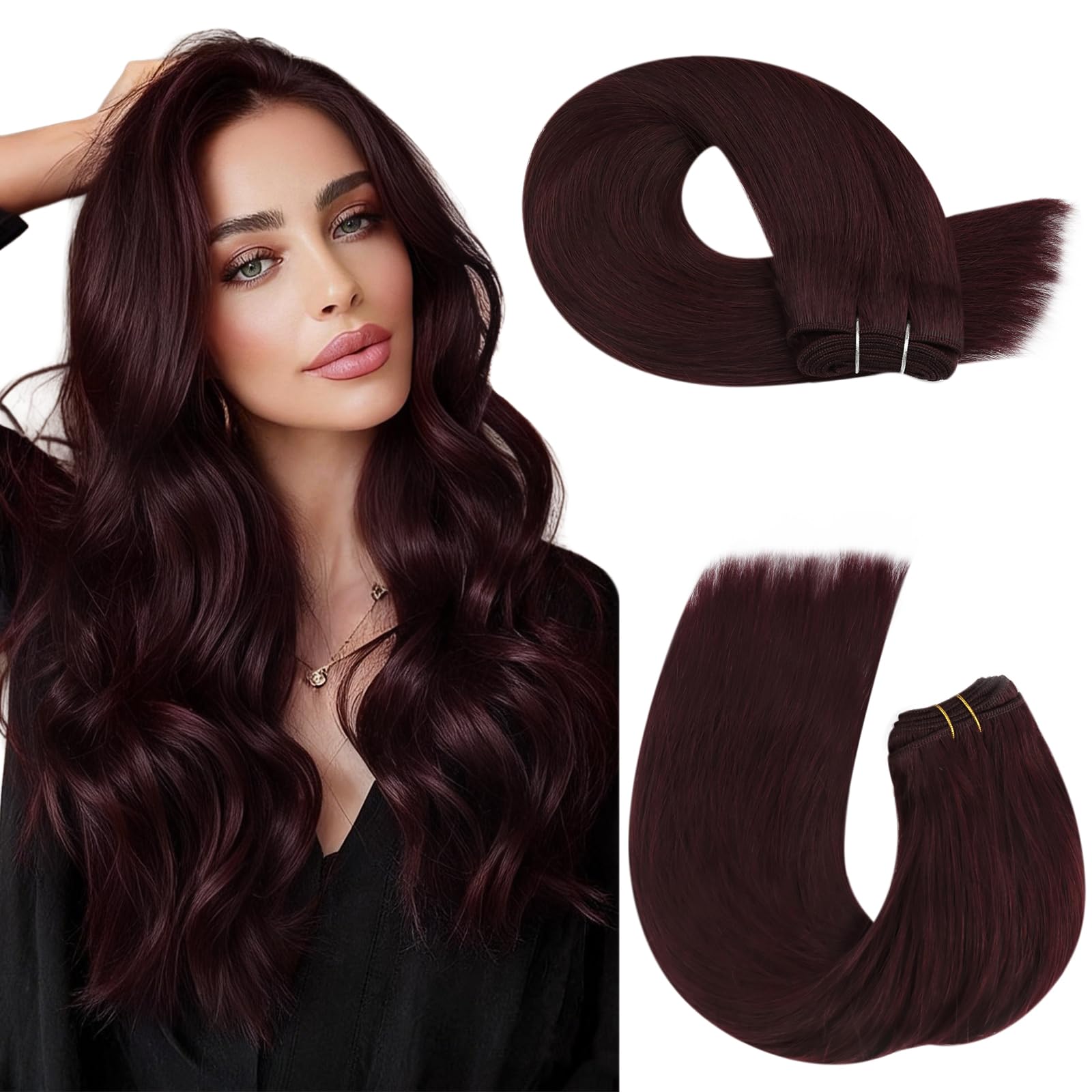 Moresoo Weft Hair Extensions Real Human Hair Wine Red Sew in Double Weft Human Hair Extensions Seamless Remy Straight Hair 20inch 100g/Pack #99J — image 1