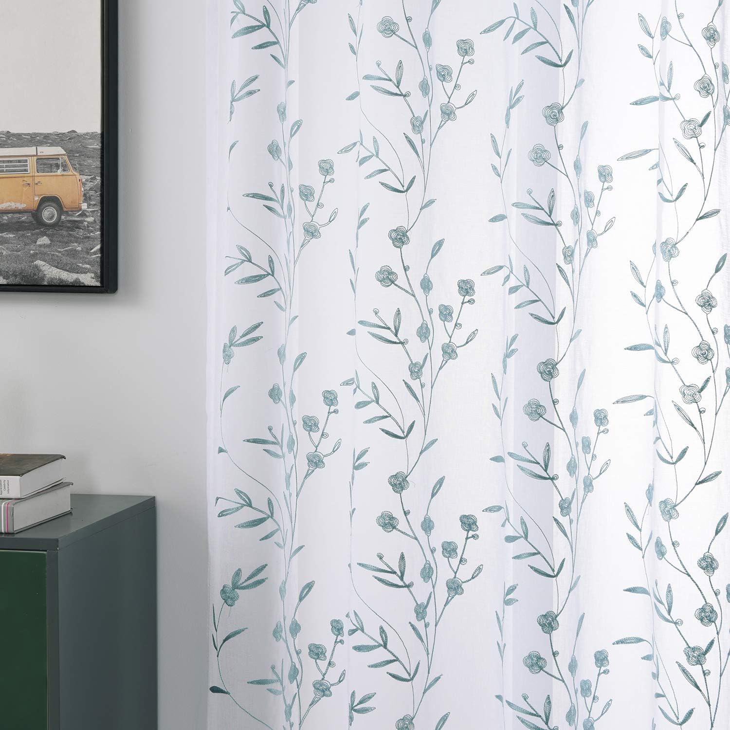 Outdoor Curtains - Sheer Curtains Floral Embroidery Blue 84 Inch Long Rod Pocket Lace Drapes for Living room, Bedroom, 2 Panels, 52