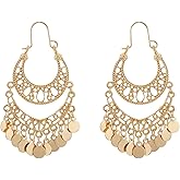 MALOYANVE Handmade Boho Chandelier Earrings for Women Unique Bohemian Lightweight Filigree Gypsy Coin Disc Tassel Charm Hoops Dangle Drop Statement Earrings