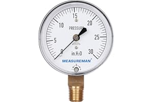 MEASUREMAN Diaphragm Type Capsule Low Pressure Gauge 2-1/2" Dial, 1/4" NPT Lower Mount, Adjustable, 0-30 in H2O(Inches of Water)
