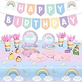 Buryeah 212 Pcs Rainbow Party Supplies Rainbow Birthday Party Decoration Happy Birthday Banner Pastel Paper Plates Tablecloth Cups Napkins Cutlery Fork Spoon Knife for 30 Guests(Cute Style)