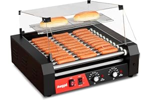AWGPD 1650W Commercial Hot Dog Rollers,11 Rollers 30 Hotdog Roller Grill,Stainless Steel Hot Dog Machine With Dust Cover,Hot Dog Roller Machine With Dual Temp Control Bun Warmer Shelf Removable Drip Tray