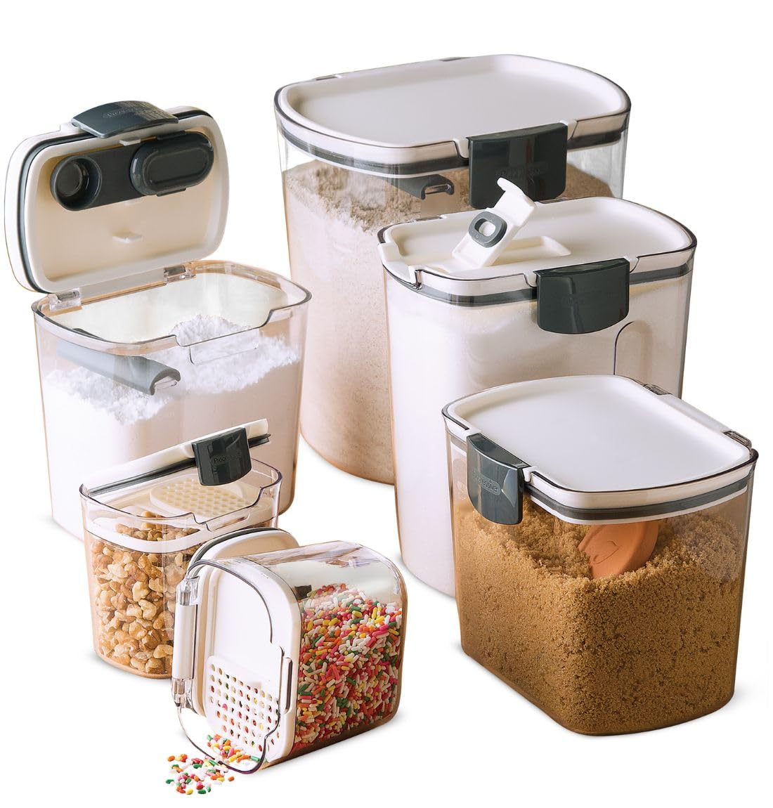 progressive prokeeper baker's airtight kitchen storage canister container set for flour, sugar & more, keeps ingredients fresh, with accessories (multicolor, 6- piece)