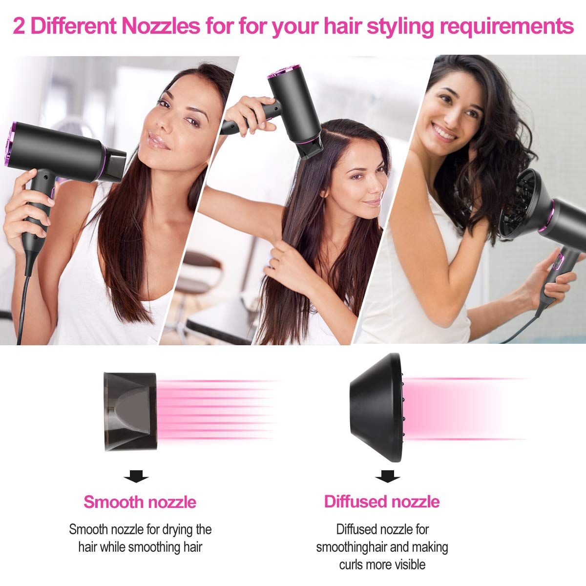 Ionic Hair Dryer, Nozama 1800W Professional Hair Blow Dryers with 3 Heat Settings, 2 Speed, 3 Cool Settings,2 Concentrator Nozzles, Fast Drying Blow Dryer for Home, Travel, Salon and Hotel: Beauty