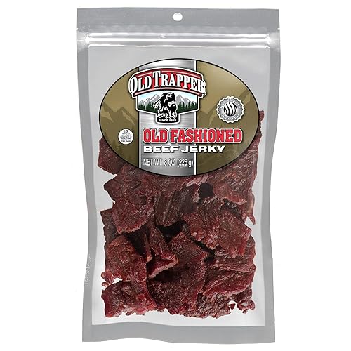 Old Trapper Beef Jerky, Old-Fashioned 8 Ounce Bag, Tender Meat Snacks for Lunches or Between Meals, 11 Grams of Protein, Zero Grams of Fat, and 70 Calories per Serving (Pack of One)