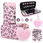 DLseego Pink Love Leopard Carrying Case for Switch, Cute Silicone Protective Shell Soft Cover with 4PCS Thumb Grip Caps and Pink Plush Heart Pendant Hard Storage Case Accessories Kit Bundle for Girls