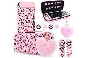 DLseego Pink Love Leopard Carrying Case for Switch, Cute Silicone Protective Shell Soft Cover with 4PCS Thumb Grip Caps and Pink Plush Heart Pendant Hard Storage Case Accessories Kit Bundle for Girls