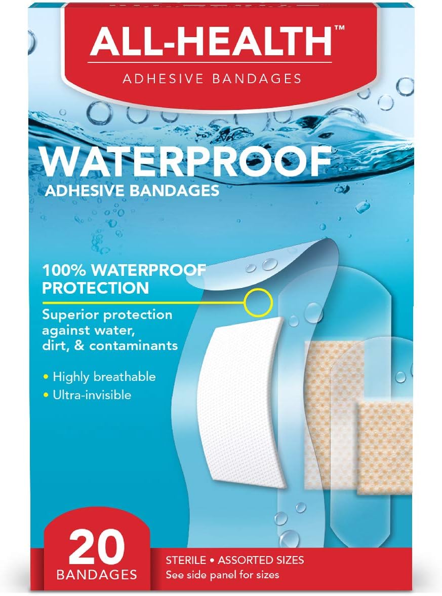 All Health Clear Waterproof Adhesive Bandages, Assorted Sizes Variety Pack, 20 Count | 100% Waterproof First Aid for Minor Cuts & Scrapes