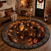 Flat Halloween Haunted Well Round Rug, 3D Ghost Skeleton Black Cat Carpet, Pumpkin Cellar Illusion Floor Decor