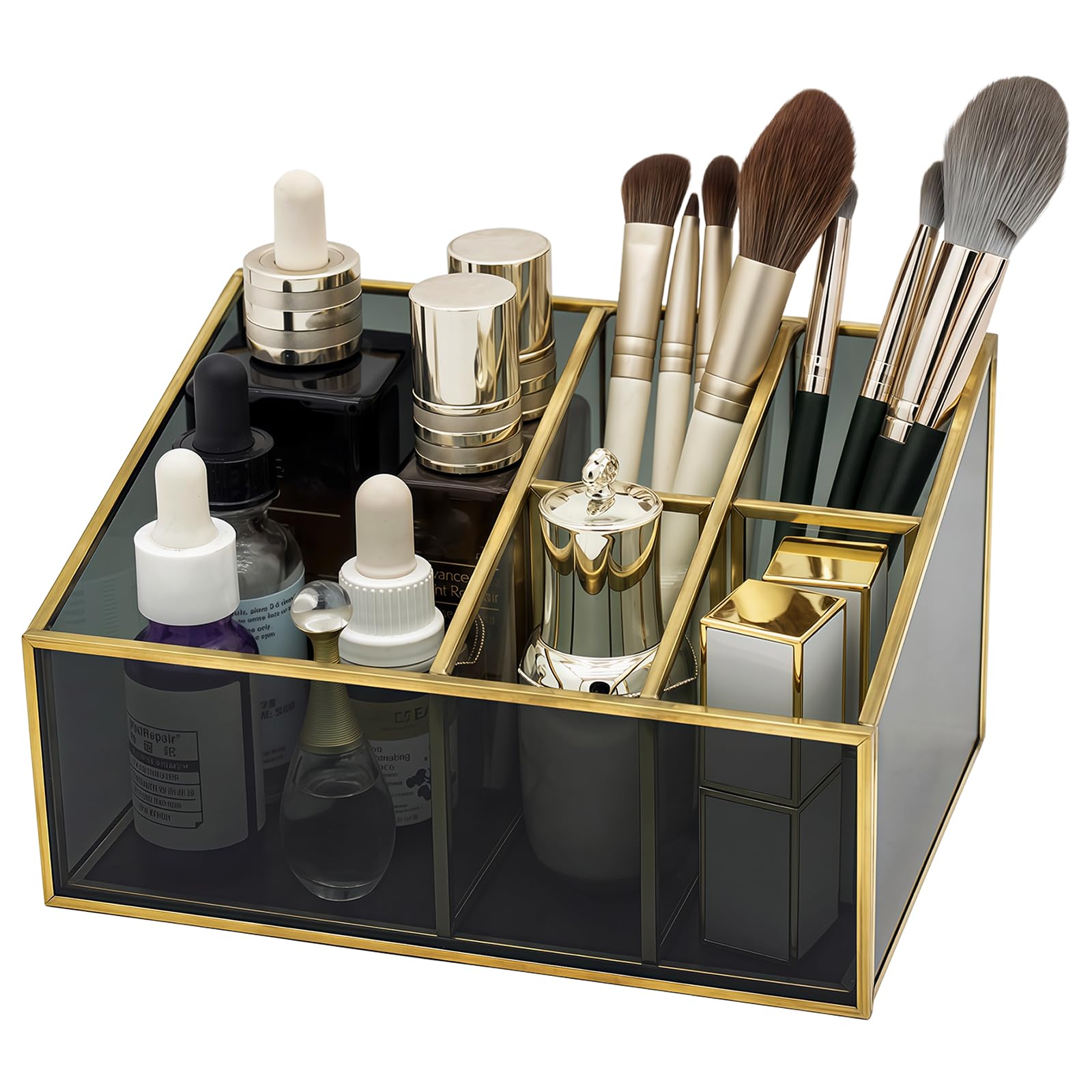 HARLIANGXY Makeup Organiser with 5 Compartments, Vintage Cosmetic Organizer Glass, Makeup Brush Holder Brass, Makeup Storage for Dressing table Bathroom Bedroom, Black