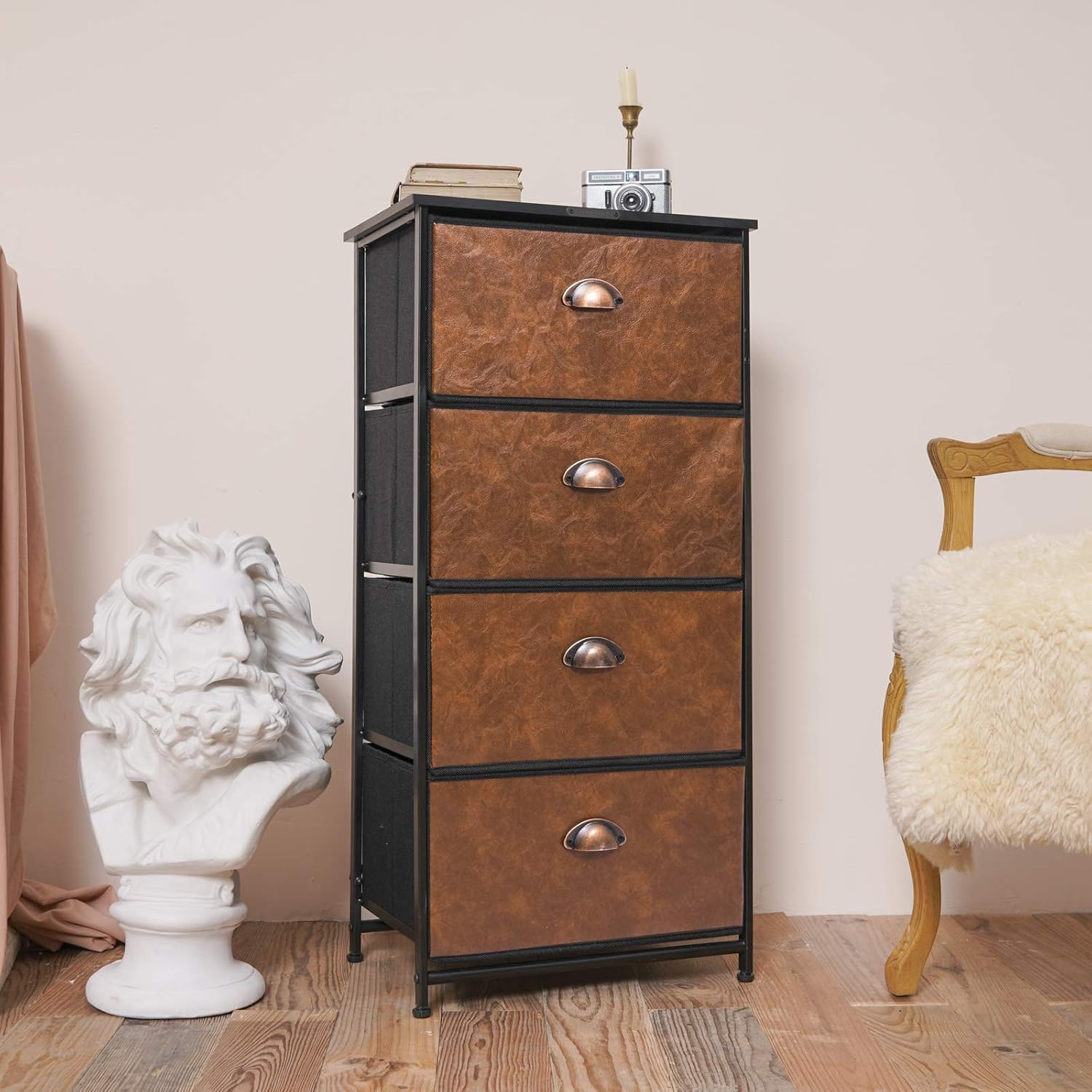 Dresser Storage Tower,Retro Industrial Style 4 Drawer Vertical Fabric Storage Unit for Bedroom, Hallway, Entryway, Closet,Nursery Room,Bathroom: Kitchen & Dining