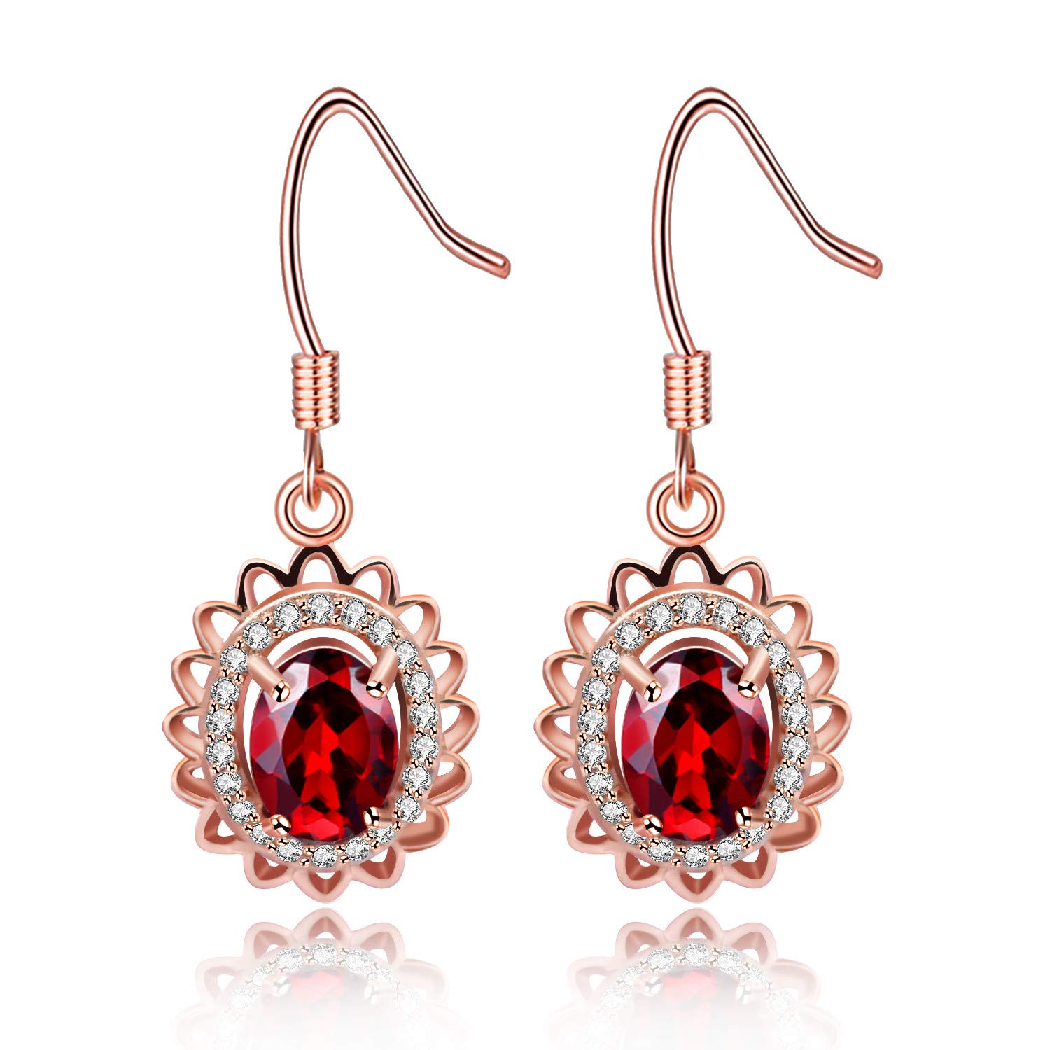 Uloveido Oval Red Garnet Rose Gold Plated Hook Earrings for Women, 925 Sterling Silver January Birthstone Earrings with Red Stone for Birthday Gift FR060