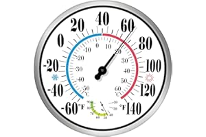 CHIVENIDO 12" Outdoor Thermometer Large Numbers - Decorative Outdoor Thermometers for Patio, Wall Thermometer Hygrometer with Stainless Steel Enclosure, Battery Free Indoor Outdoor Thermometer Hanging