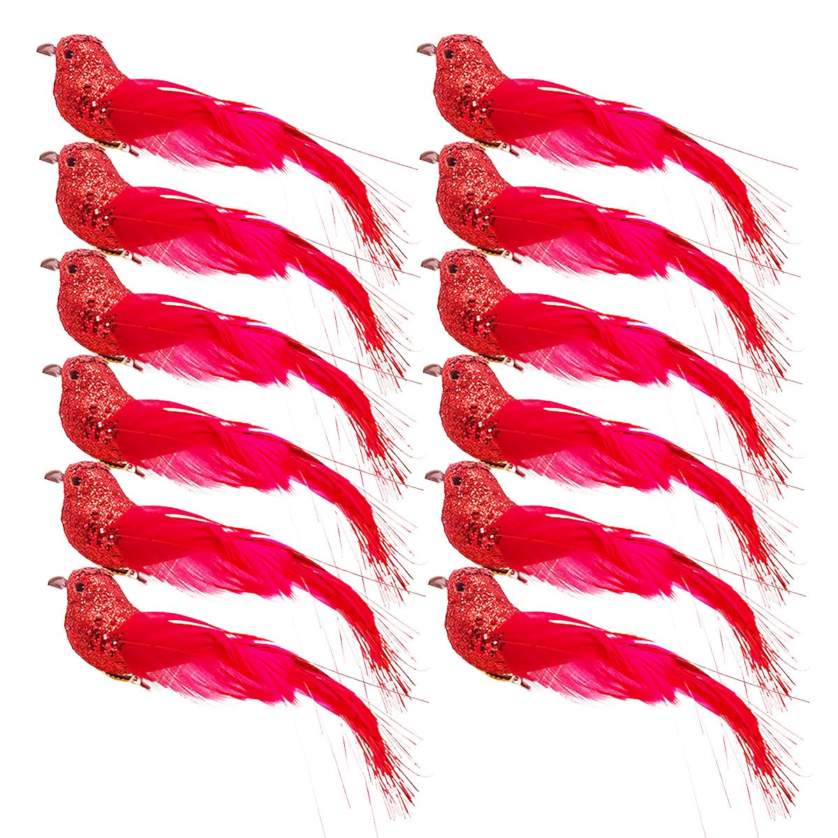 Glitter Artificial Birds Sequin Clip on Bird Ornaments for Christmas Tree Wedding Wreath Crafts (Red, 12)