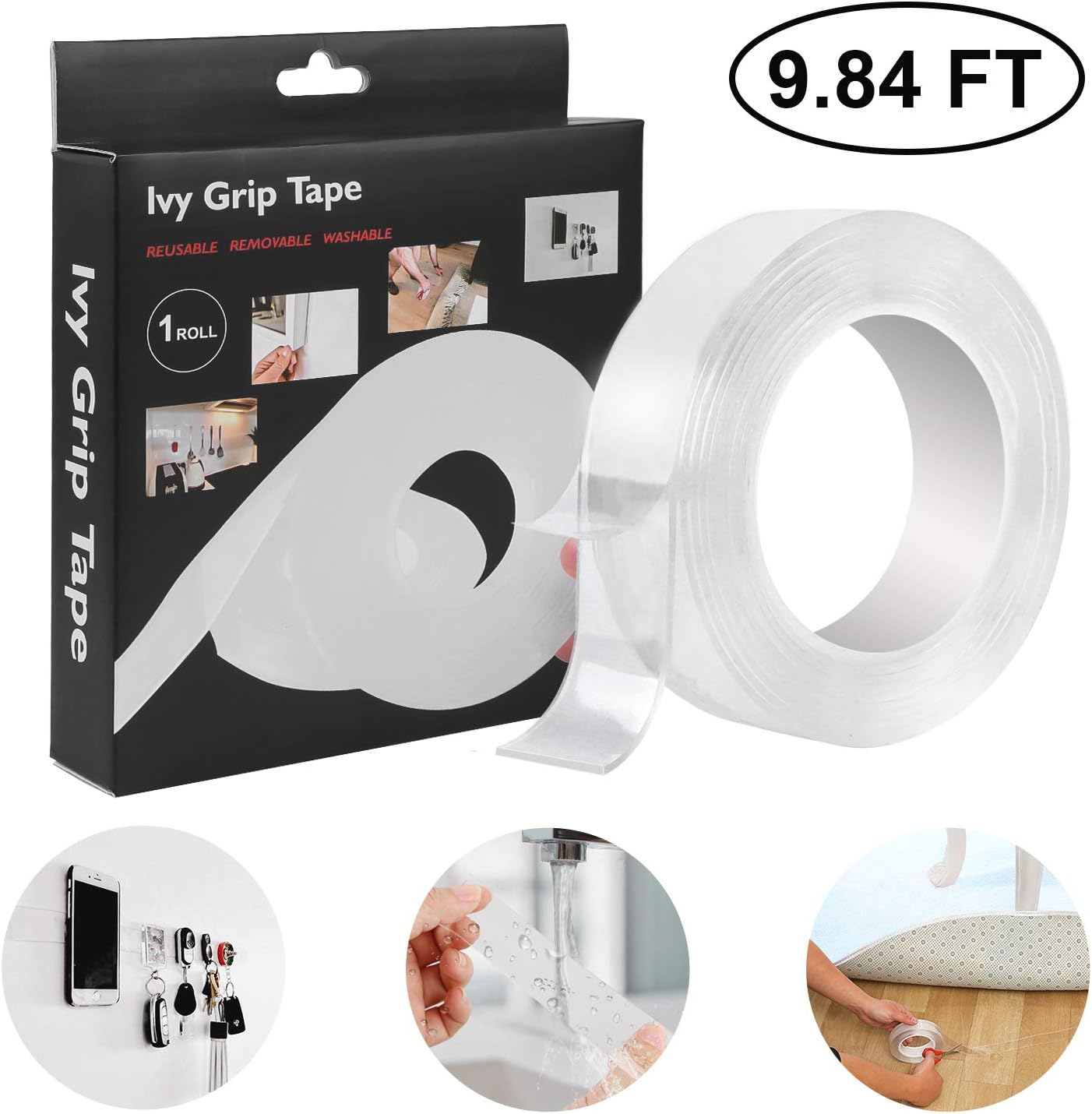 WOVTE Washable Double Sided Nano Magic Tape, Multifunctional Reusable Removable Transparent Gel Grip Tape for Fixing Carpet Phones Pictures Pen Key Household Use (3M/9.84FT)