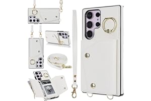 UEEBAI Crossbody Wallet Case for Samsung Galaxy S24 Ultra 5G, Card Slot Phone Case with Zipper Pocket Kickstand Purse Hand Strap Cover with Removable Crossbody Wrist Strap Flip Case - White