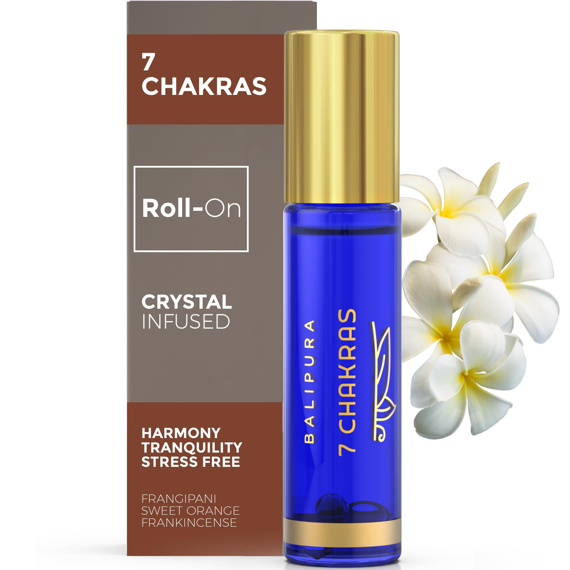 BALIPURA - 7 Chakra Crystal Aura Roll On - Natural Crystal Roller Ball with Round Crystals - Amethyst Gemstones & Frankincense Essential Oils - Handmade in Bali, 0,34fl.oz