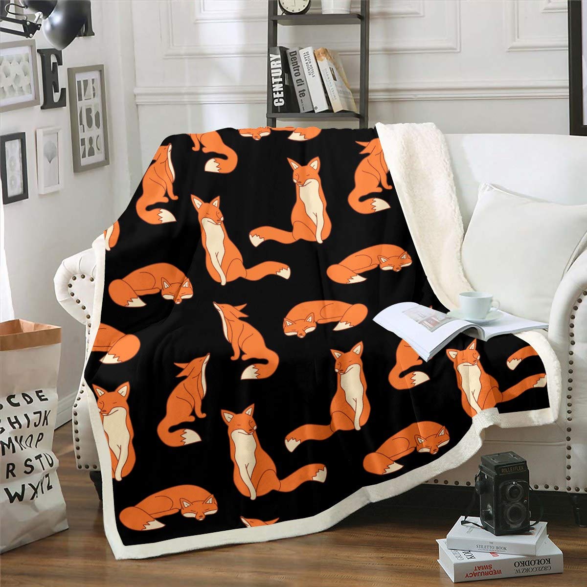 Kids Fox Print Plush Throw Blanket - Cute Cartoon Fleece Sherpa With Wild Animal Theme for Sofa Couch - Orange Black Nature Wildlife Flannel Room Decor - Double 60"x79" — image 1