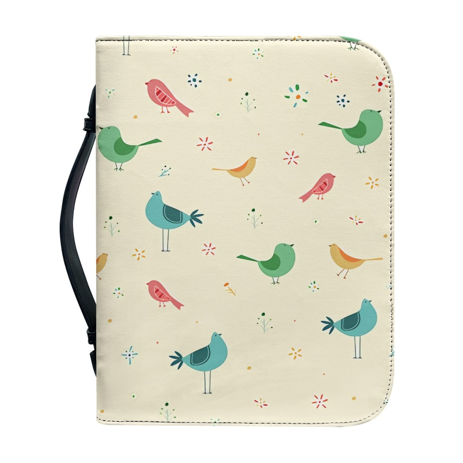 Kuiaobaty Cartoon Birds Book Cover for Notebook,Bible,Novel, Zipper Faux Leather Book Carrying Case with Pen Holder, Wheat