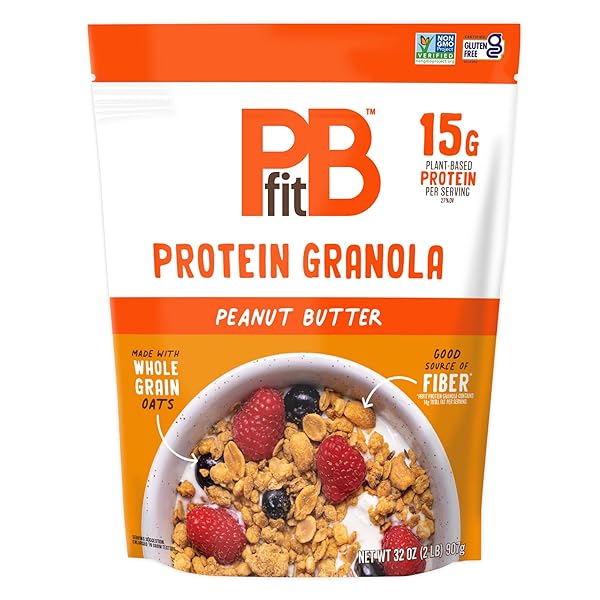 PBFIT PEANUT BUTTER PROTEIN GRANOLA, 15G PLANT-BASED PROTEIN 22% DV, MADE WITH WHOLE GRAIN OATS AND CHIA SEEDS, GLUTEN FREE, FOR PROTEIN SNACKS CEREALS BREAKFAST YOGURT, 32 OZ BAG