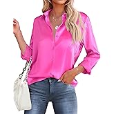 HOTOUCH Button Down Shirts for Women Satin Silk Collared Dressy Casual Blouses Loose Long Sleeve Office Work Tops