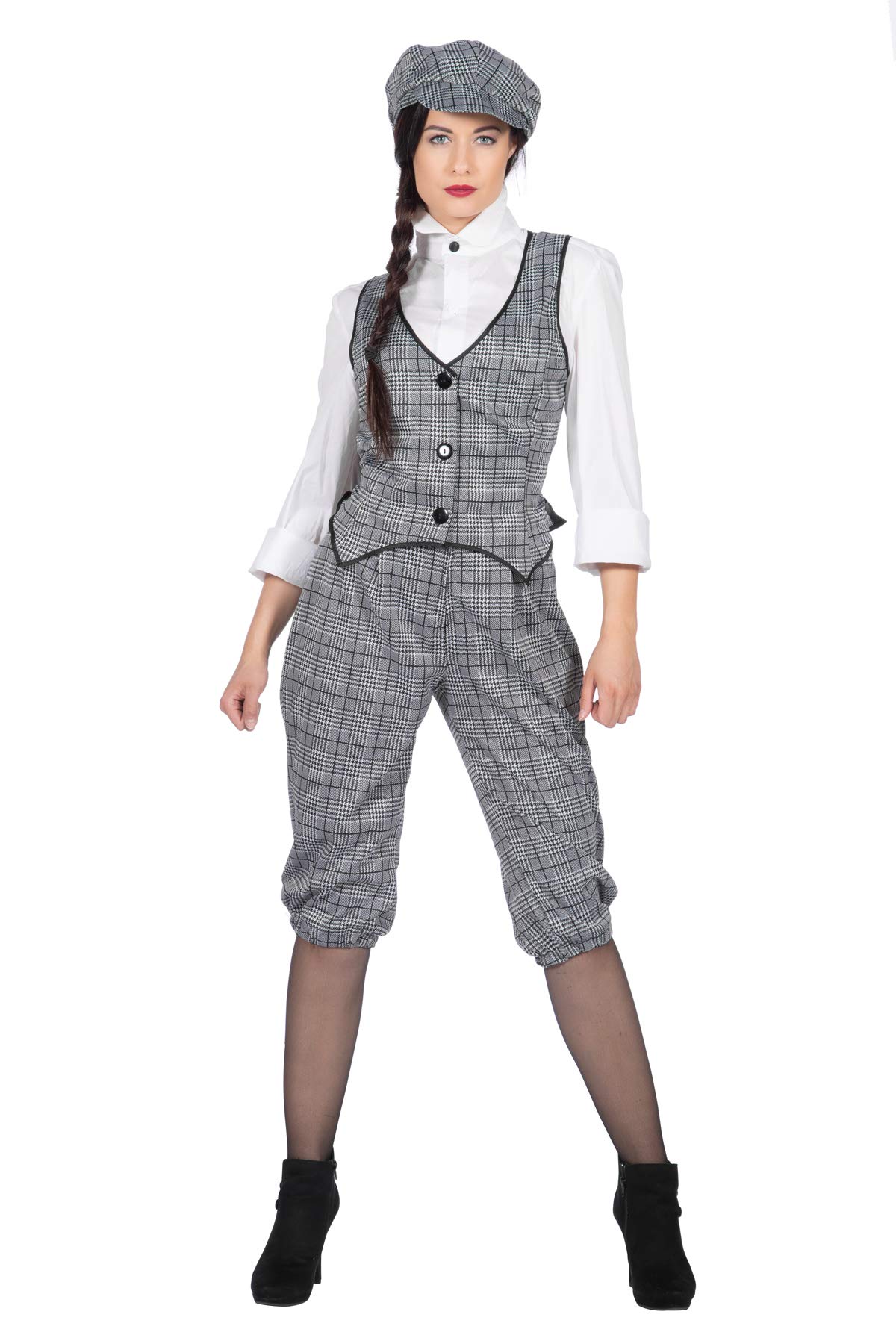 WILBERS & WILBERS 20s Women's Glencheck Suit Knickerbocker Black and White Vest Flat Cap, black, 36