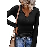 Zeagoo Womens Long Sleeve Shirts V-Neck Rib Knit Slim Fit Tops Casual Stretch Basic Tee Going Out Top Fall Fashion 2025
