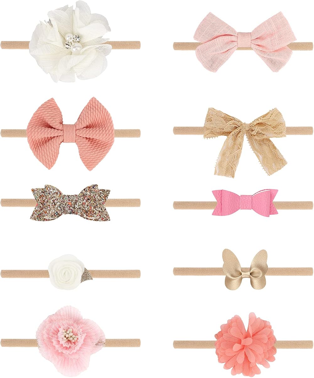 DRESHOW 10 Pack Baby Headbands and Hair Bows Nylon One Size Fits All